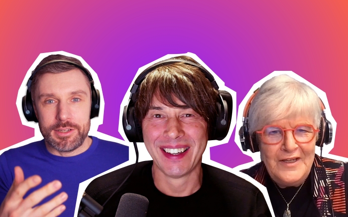 Screenshots of three people with headphones on, pasted against a purple background.