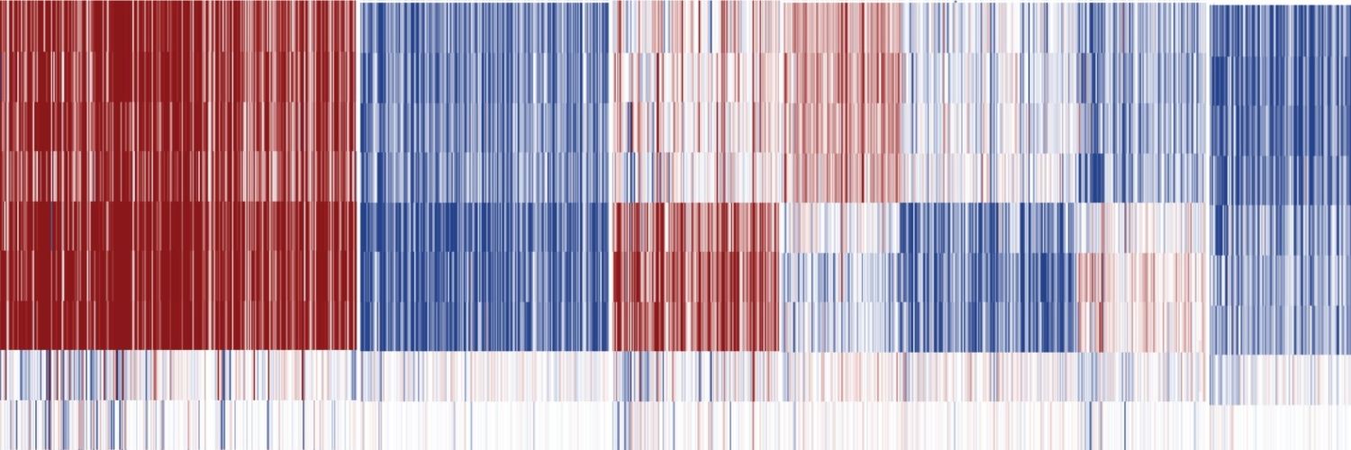 A series of red and blue stripes going vertical but also with bigger stripes going horizontal