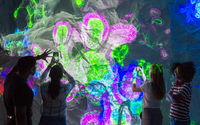 People standing in front of a projection, taking photos of it on their phones.