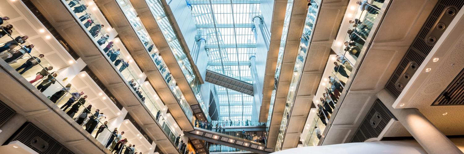 The interior of the Crick building looking up towards the roof