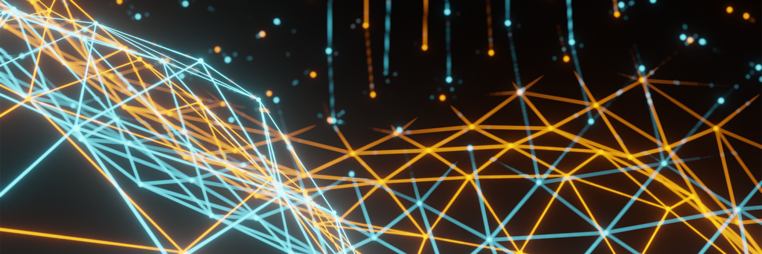 Network of glowing orange and blue straight lines, connected at many nodes